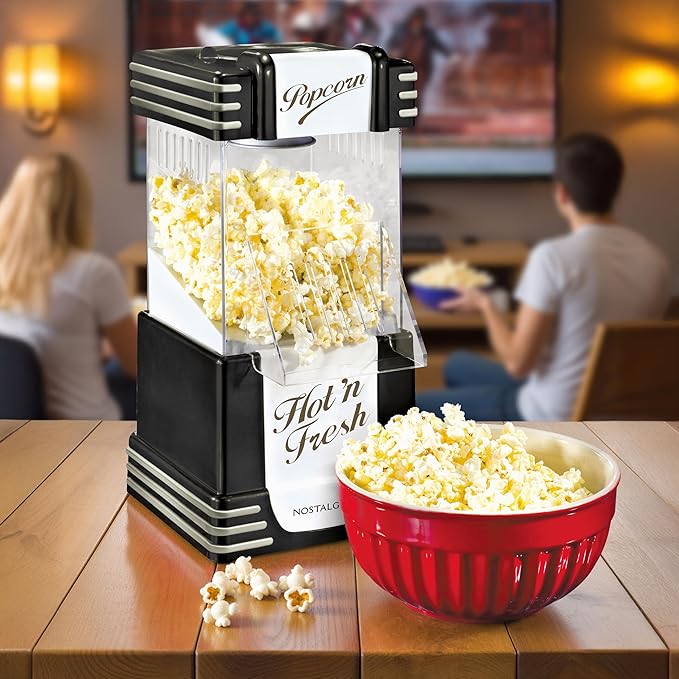 Nostalgia Retro Hot Air Popcorn Maker – 12 Cups Oil Free Popping – Countertop Machine with Measuring Cup – Healthy Snacks & Movie Nights – Black