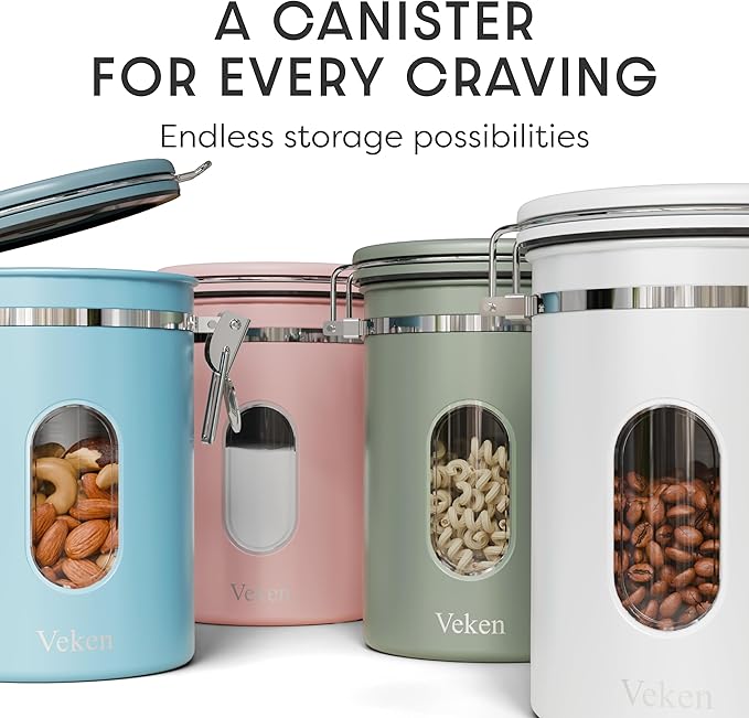 Veken Coffee Canister with Window, Airtight Stainless Steel Kitchen Food Storage Container with Lids, Date Tracker and Scoop for Grounds Coffee, Beans, Tea, Flour, Cereal, Sugar Jars, 22OZ, Green