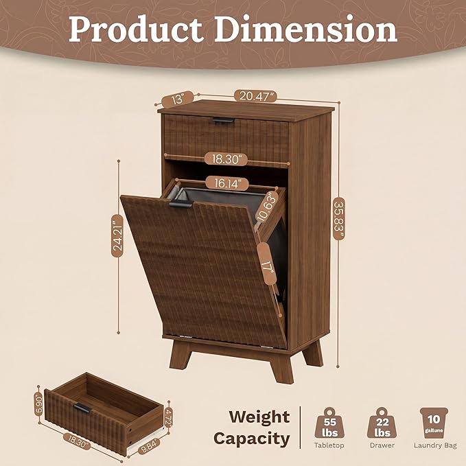 Modern Tilt Out Laundry Hamper Cabinet, 10 Gallon Wooden Trash Can Cabinet with Storage Drawer, Hidden Fluted Bathroom Storage Cabinet for Kitchen, Living Room (Walnut Wood, 20.47"W x 35.83"H x 13"D)