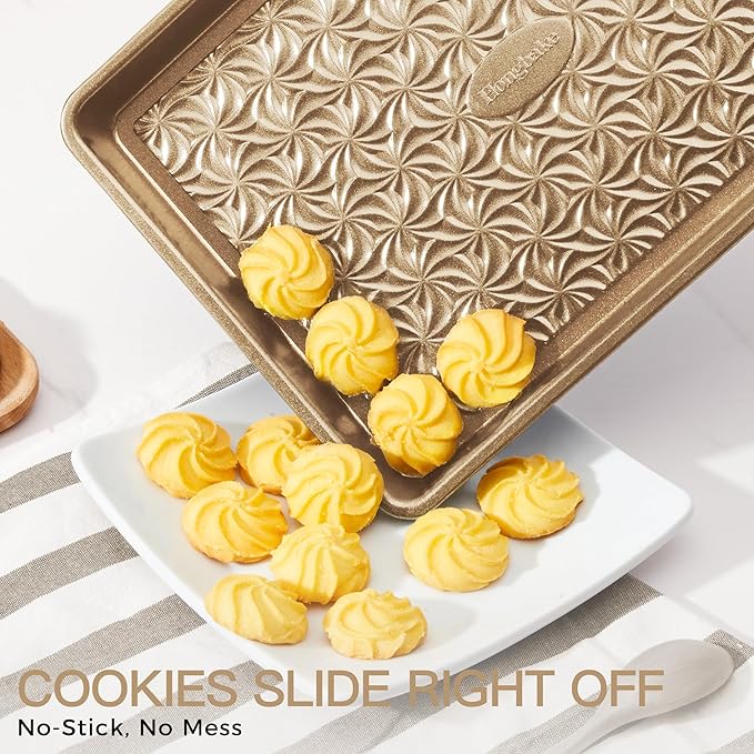 HONGBAKE Nonstick Baking Sheet Pan Set of 3, Cookie Sheets for Oven, Non-Toxic Half/Quarter/Jelly Roll Pans with Floral Swirl Texture, Heavy Duty 0.8mm Thick Oven Trays for Cooking, Antique Gold