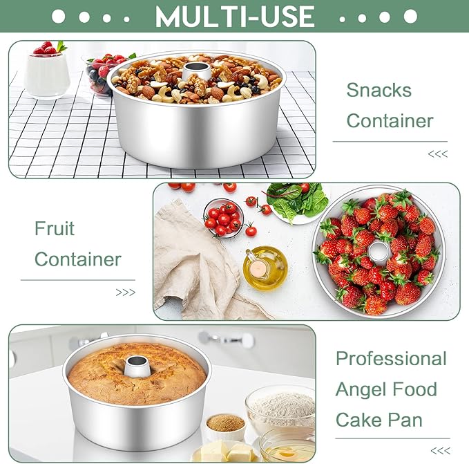 TeamFar 10inch Angel Food Cake Pan, Stainless Steel Pound Cake Pan with Tube, for Home/Kitchen Baking, Healthy & Non-toxic, Durable & One-Piece, Mirror Finish & Dishwasher Safe, Set of 2