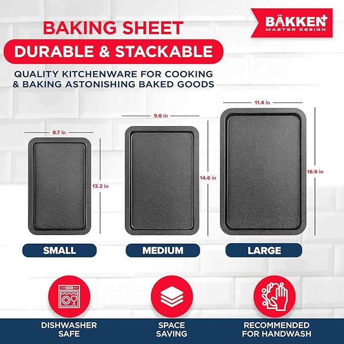 BAKKEN 3-Piece Kitchen Baking Pans - Small, Medium, and Large Cookie Pan, With Nonstick Coating, Stackable and Space-saving Design, PFOA, PFOS, PTFE Free, Oven Safe Tray (Up To 450°F), Gray Marble