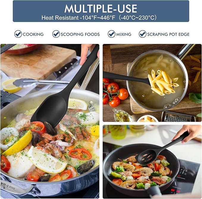 HOTEC Heat Resistant Silicone Cooking Spoon Spatula, Large Kitchen Solid and Slotted Spoons for Mixing, Serving, Scraping, Non-stick, Dishwasher Safe Black 12.5inch