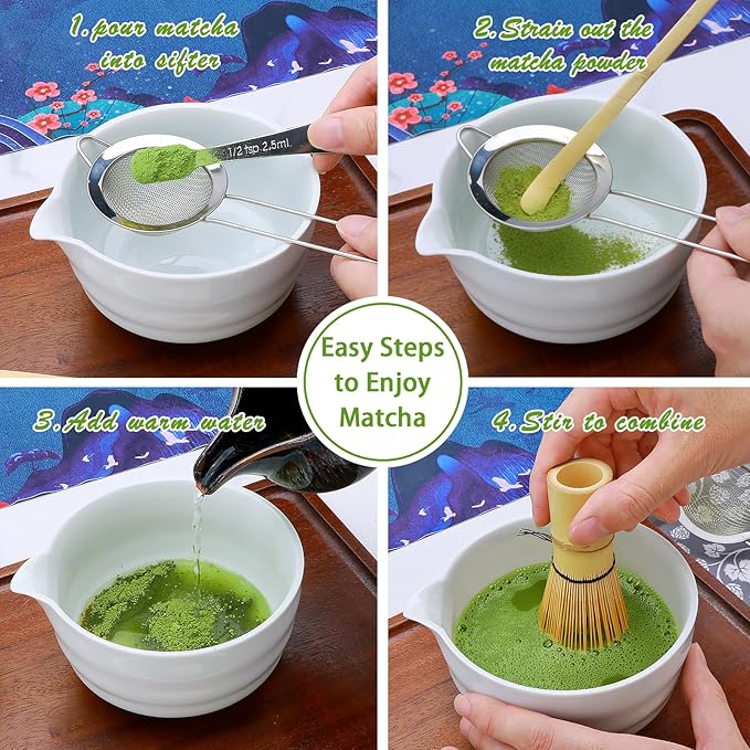 Matcha Whisk Set,11Pcs Matcha Set,Matcha Kit,Whisk Made from 100% Natural Bamboo, 11-component set for all your matcha-making needs,Contains stainless steel spoon, measuring cup(white)