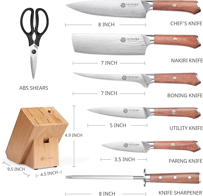 YOTSUBA 8 PCS Japanese Kitchen Knife Set with Block, Professional Ultra Sharp High Carbon Stainless Steel Chef Knives, Ergonomic Natural Rosewood Handle for Kitchen