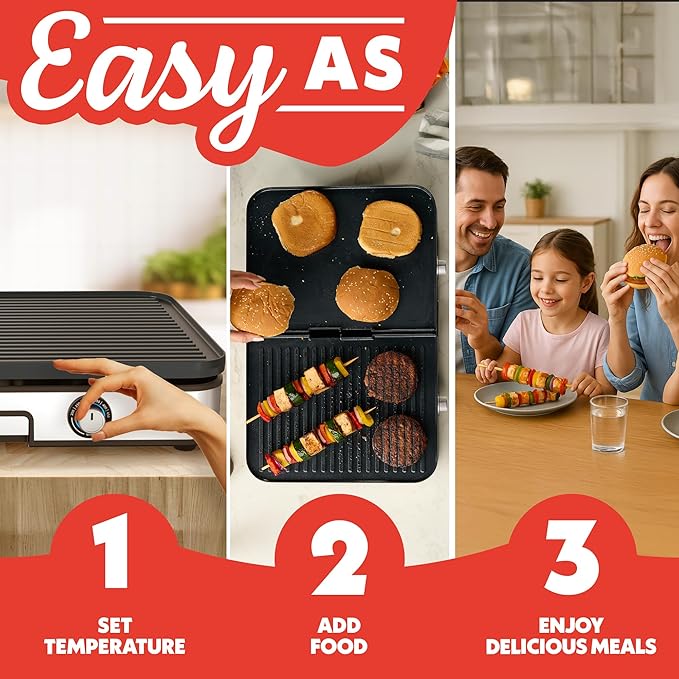 Gourmia 3-in-1 Indoor Grill & Griddle Electric Combo – Dual Independent Cooking Zones, Reversible Nonstick Ceramic Plates, XL Cooking Surface, 250–400°F Adjustable Temp, Dishwasher Safe