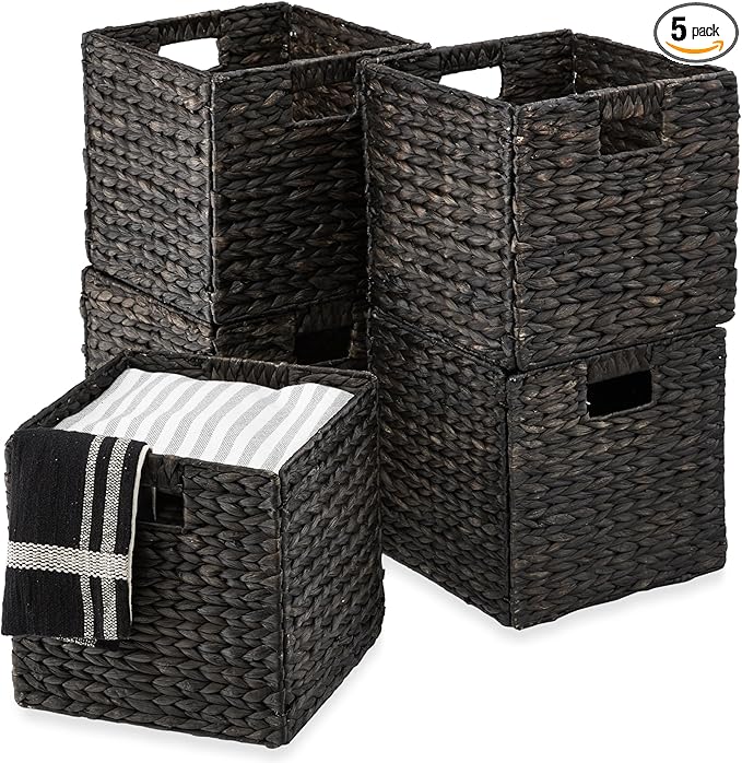 Best Choice Products 10.5x10.5in Pack of 5 Cube Storage Baskets, Water Hyacinth Multipurpose Collapsible Organizers, Handwoven Laundry Totes for Laundry, Living Room, Kids Room & Nursery - Black