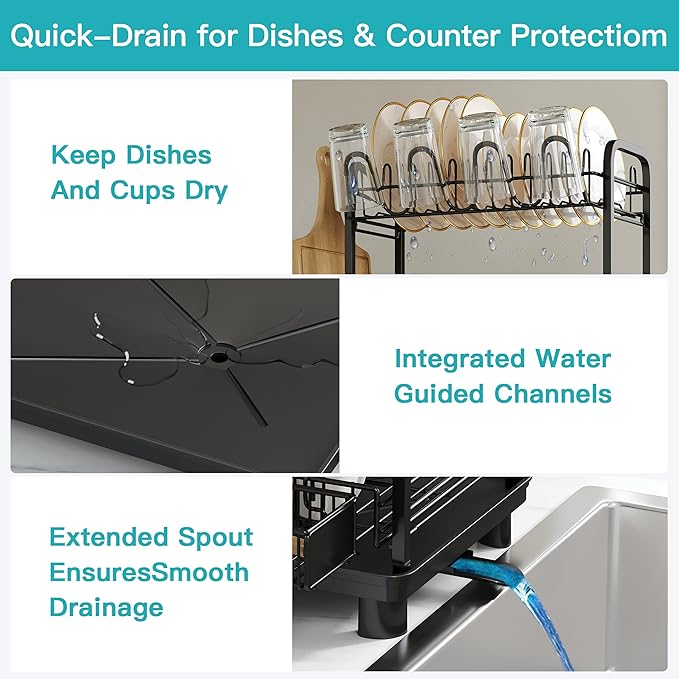 romision 2 Tier Compact Stainless Steel Dish Drainers Drying Rack for Kitchen Counter, Space Saving, Rust Proof Plate Strainers Holder On Countertop with Drainboard, Modern Black, Small
