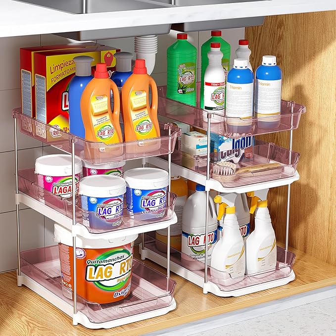 Delamu 2 Pack 3-Tier Bathroom Under Sink Organizers and Storage, Multi-Purpose Stackable Pantry Organization and Storage, Pull Out Clear Kitchen Bathroom Cabinet Organizer with Movable Dividers, Pink