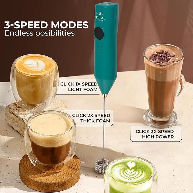 Zulay Kitchen Rechargeable Milk Frother - Dynamic - 3 Speeds, 3 Whisk Attachments, 500 mAh USB Charging, Drink Mixer For Latte, Cappuccino, Matcha, Protein Powder, Coffee Foam - Green Gold