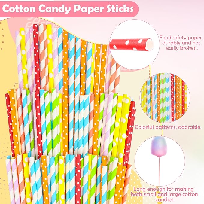 Coitak 100 PCS Cotton Candy Sticks, 100 PCS Cotton Candy Bags with Ties, 13.77 Inch Cotton Candy Sticks Random Colorful Cotton Candy Supplies Paper Straws for Candy Making