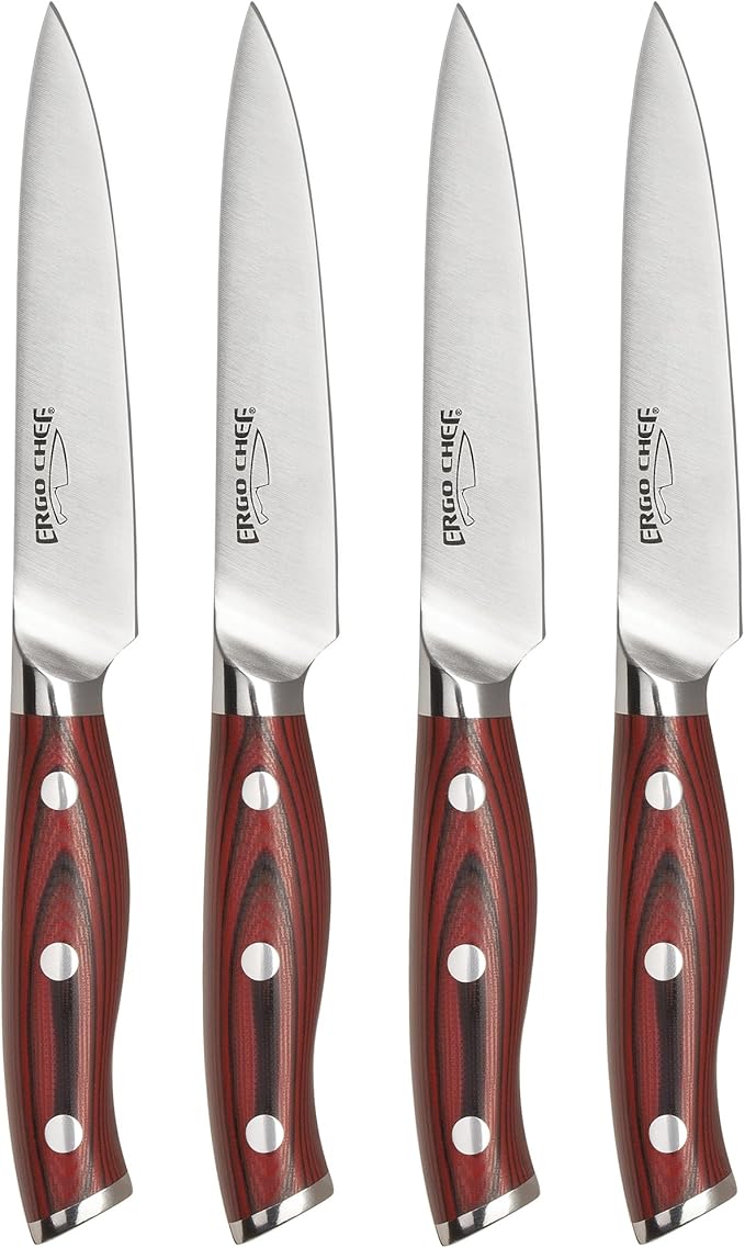 Ergo Chef Crimson Series 4pc Steak Knife Set - Forged German X50CrMoV15 Steel, Ergonomic G10 Handles, Enhance Your Dining Experience with Razor Sharp Performance
