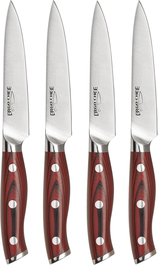 Ergo Chef Crimson Series 4pc Steak Knife Set - Forged German X50CrMoV15 Steel, Ergonomic G10 Handles, Enhance Your Dining Experience with Razor Sharp Performance