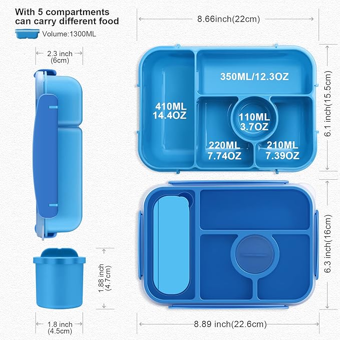 Amathley Bento Box Adult Lunch Box Kids,Lunch Containers for Adults/Kids/Toddler,5 Compartments Bento Lunch Box with Sauce Vontainers,Microwave & Dishwasher & Freezer Safe,BPA-Free (Blue)