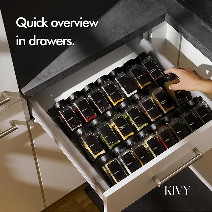 KIVY Spice Drawer Organizer with 24 Spice Jars & 240 Labels - Seasoning Rack for Organization - Kitchen Drawer Insert for Spice Jars - Glass Seasoning Jars with Airtight Lids - Glass Spice Jars Empty