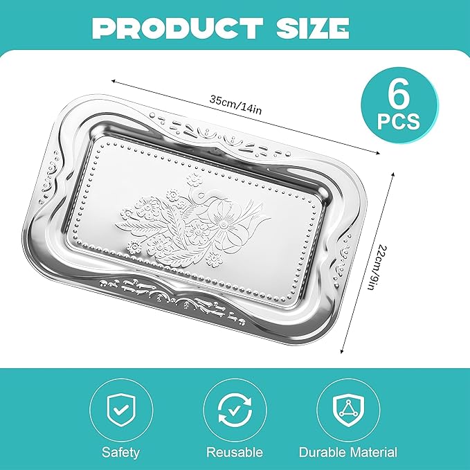 6-Pack Silver Serving Trays Set (14" x 9") – Bow Floral Engraved Serving Platters for Parties, Weddings, Birthdays, Festive Occasions – Mirror Trays for Charcuterie, Cookies, Desserts, Snacks, Fruit