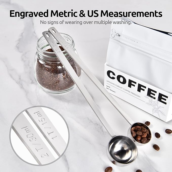 U-Taste 600ºF Heat Resistant BPA Free Silicone Spatula Set of 4 (Colorful), and 18/8 Stainless Steel 10in Extra Long Coffee Scoop Set of 2, 1&2Tbsp(15&30ml)