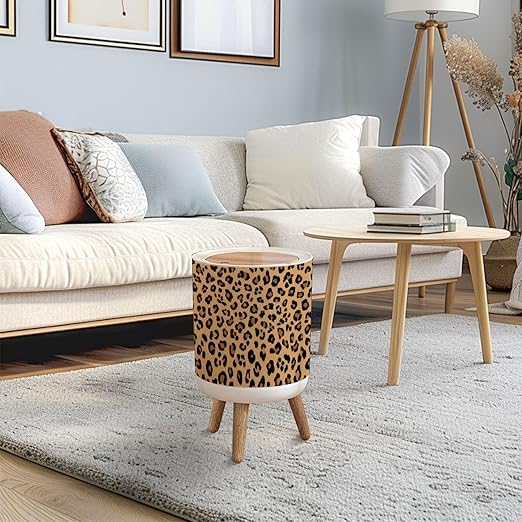 Trash Can with Lid Leopard Seamless Classic Print Skin Wild cat Fashion Press Top Round Small Garbage Bin with Wooden Legs Waste Basket for Kitchen Bedroom Nursery 7L/1.8 Gallon