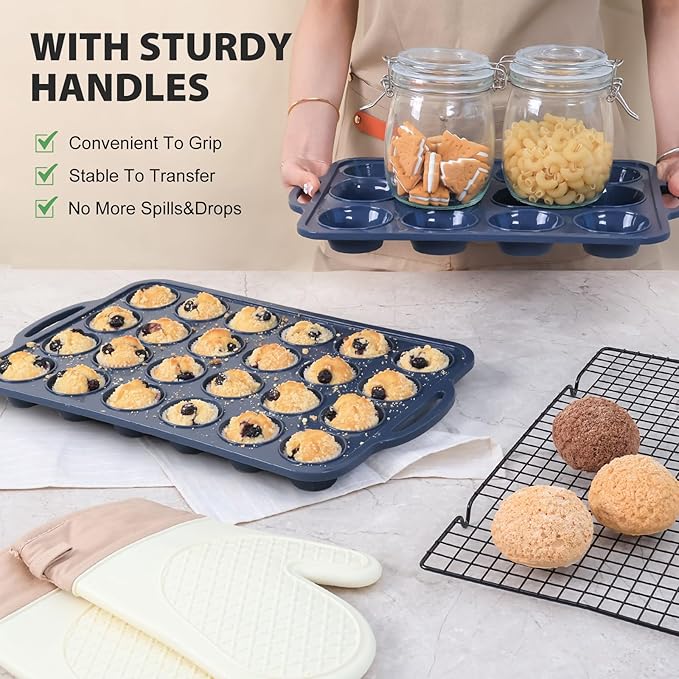 2 Pack Silicone Muffin Pan 12 and 24 Cup with Metal Frame,Non Stick Silicone Mini Cupcake Pan with Handles, BPA Free Silicon Regular Muffin Tin Tray Small for baking, egg bites, Mold Grey
