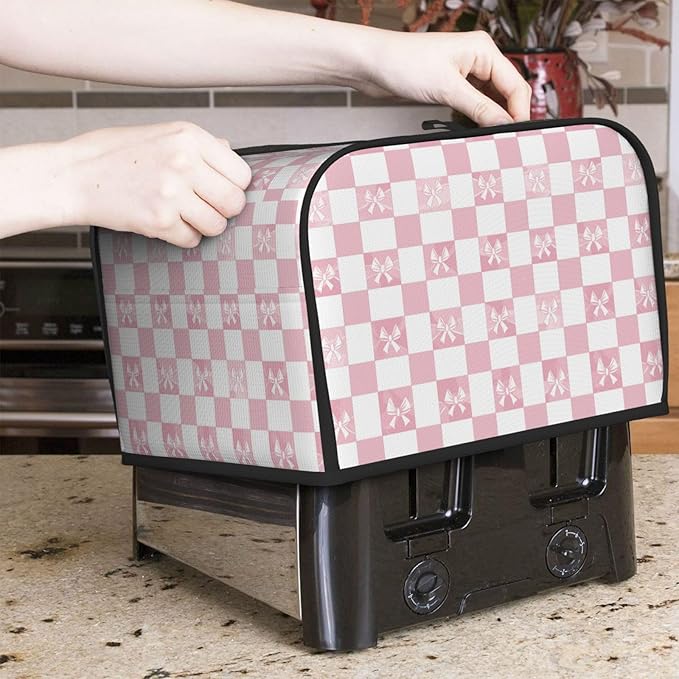 Toaster Cover 4 Slice Pink Check Bow Pattern Kitchen Small Appliance Covers with Pockets Dust and Fingerprint Protection