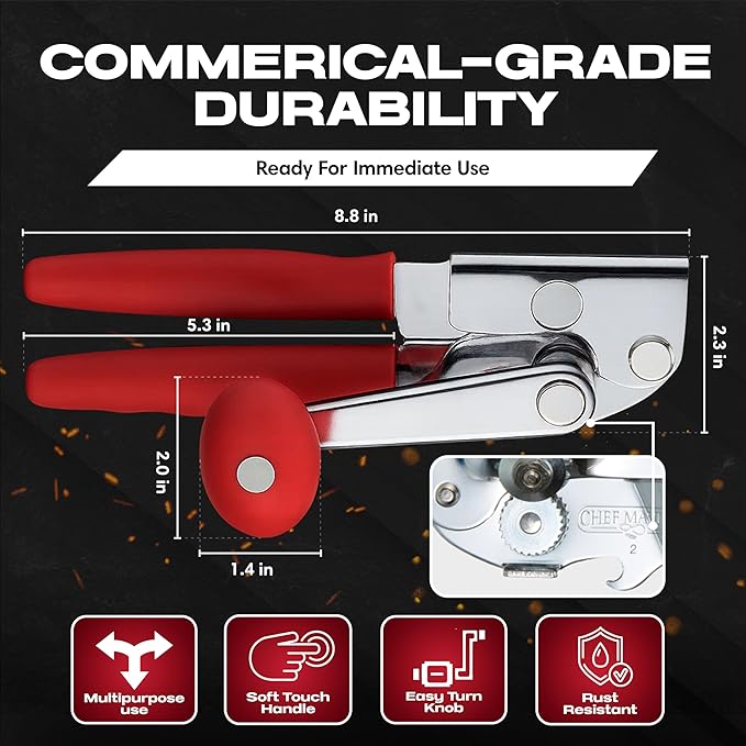 Chef-Master 2-Pack Heavy Duty Can Opener with Anti-Slip Grip, Manual Handheld for Large Cans