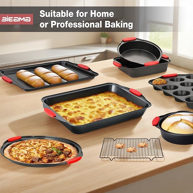 BIEAMA 13-Piece Baking Pans Sets, Nonstick Bakeware Sets, BPA-Free Carbon Steel Stackable, Cookie Sheet, Cake, Loaf, Pizza & Muffin Pan, Grey