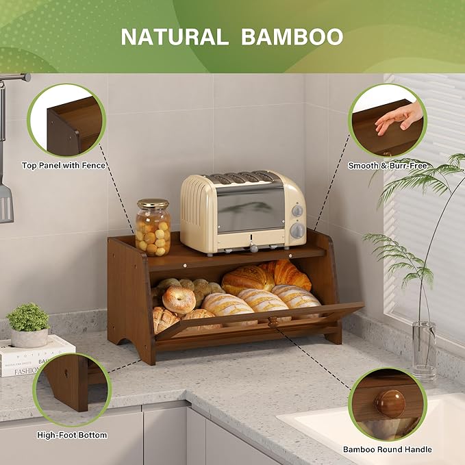 JANSNIMEN Vintage Bread Box for Kitchen Countertop, Large Bread Container Storage, Wooden Farmhouse Bread Box with Window Bread Holder (Brown)