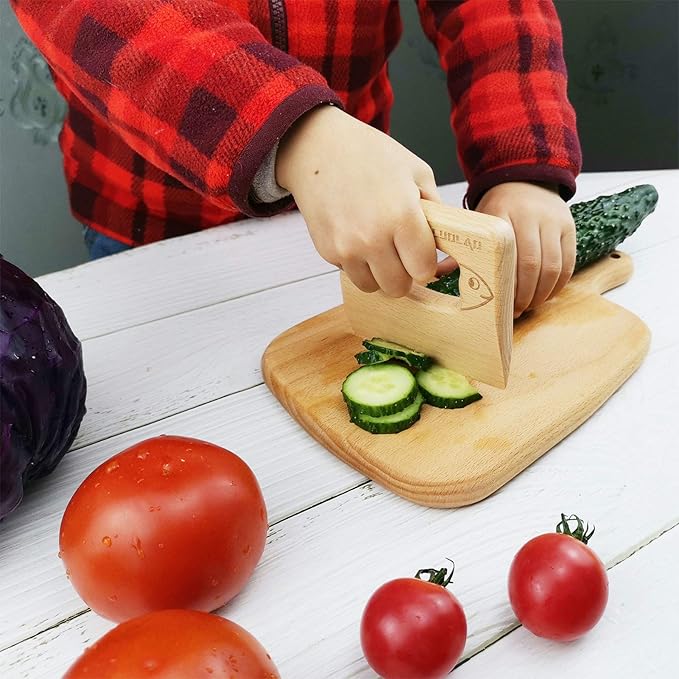 LUOLAO Wooden Kids Knife for Cooking and Safe Cutting Veggies Fruits, Cute Fish Shape Kids Kitchen Tools, Christmas Gifts for kids, 2-5 Years Old Applicable