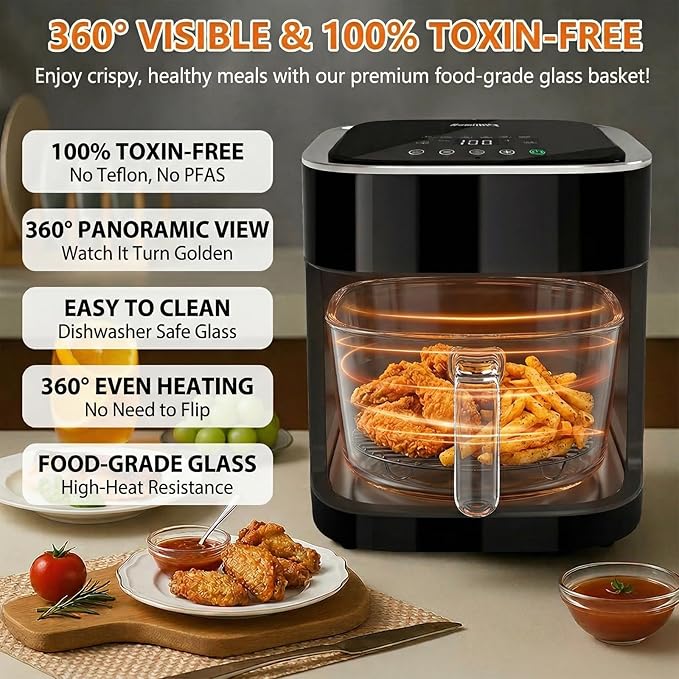 Glass Air Fryer 4.5 Qt, Non-Toxic Borosilicate Glass Basket with 360° View, Upgraded Food-Grade Stainless Steel Tray, 8-in-1 One-Touch Presets, Teflon-Free & Dishwasher Safe, Black