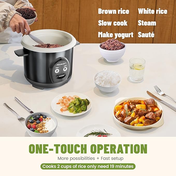 3-Cup Uncooked Rice Cooker Small - Ceramic Coating Non-Toxic Inner Pot, One-Touch Multifunction for Rice/Sauté/Yogurt, Dishwasher Safe, 1-3 People Size, Dark
