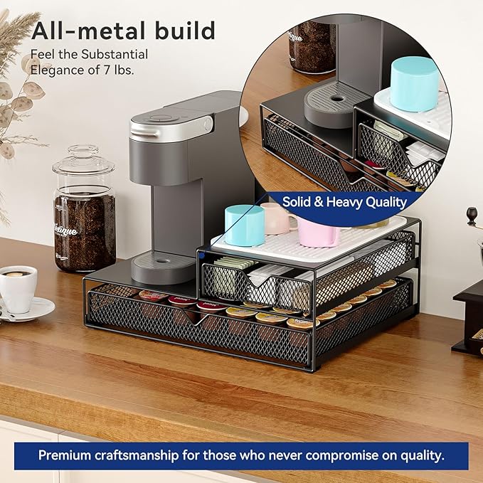 K Cup Organizer for Coffee Station - Sturdy Machine Base 60 Coffee Pod Storage Drawer, Non-Sagging Stand Compatible with Keurig K-Cup Pods, Anti-Vibration, No Assembly (Black)