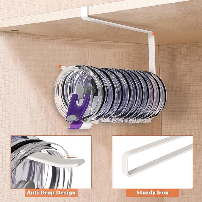 Tumbler Lid Organizer, Horizontal Tumbler Lid Storage Hook Up to 10 Lids, Space Saving Cup Lid Holders Under Cabinet Tumbler Lid Hook for Kitchen Organizer and Storage, Paper Towel Rack Hanger (White)
