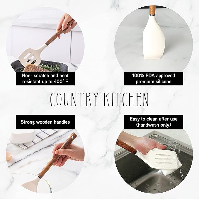 Country Kitchen Non Stick Silicone Utensil Set with Rounded Wood Handles for Cooking and Baking, 8 Piece Set, Khaki