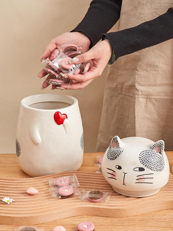 Bico Cartoon Cat Handpainted Stoneware Air Tight White 10.2 inch Cookie Jar, Dishwasher Safe, for storing Cookie, Candy, Coffee