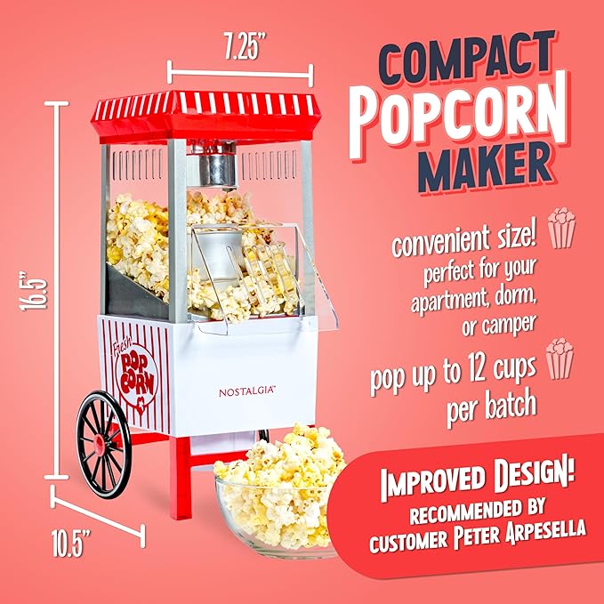 Nostalgia Vintage Hot-Air Popcorn Maker Machine - Makes Up to 12 Cups - Oil-Free - Healthier Popcorn - Classic Stand-Up Cart With Wheels - Includes Kernel Measuring Cup - White & Red