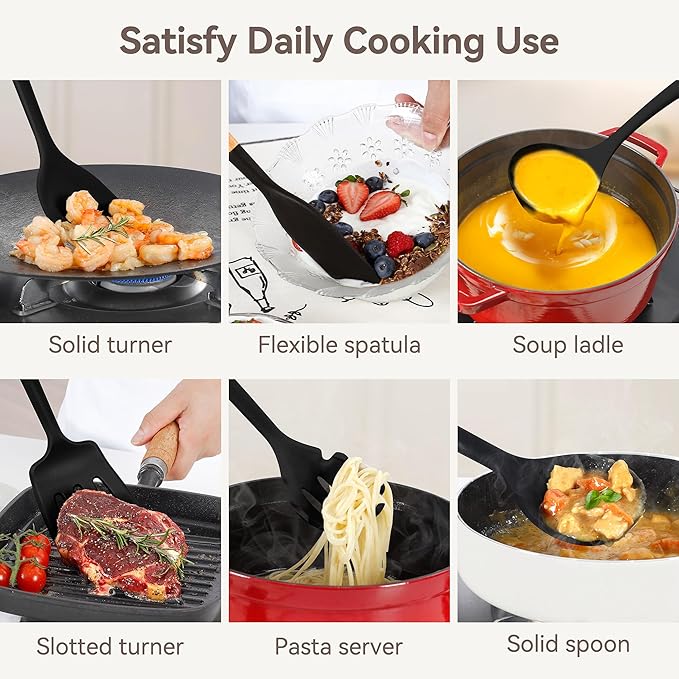 Kitchen Utensils Set, Large Non-stick Silicone Cooking Utensils Set 6 Pcs, Wooden Handle Heat Resistance Silicone Spatula Soup Ladle Pasta Server Kitchen Gadgets Utensils Set BPA Free (Black)
