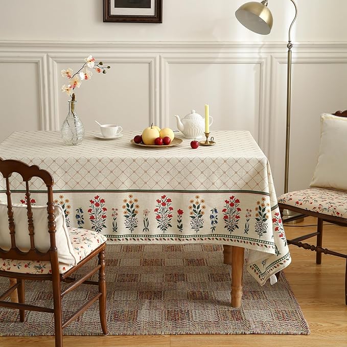 ISAENNE Designer Vintage Linen Floral Long Tablecloth Rectangle,Fall Colorful Modern Table Cloth,Anti-Wrinkle Decor Tablecloths for Dining Thanksgiving Kitchen Christmas,63"*102"-Bertina E