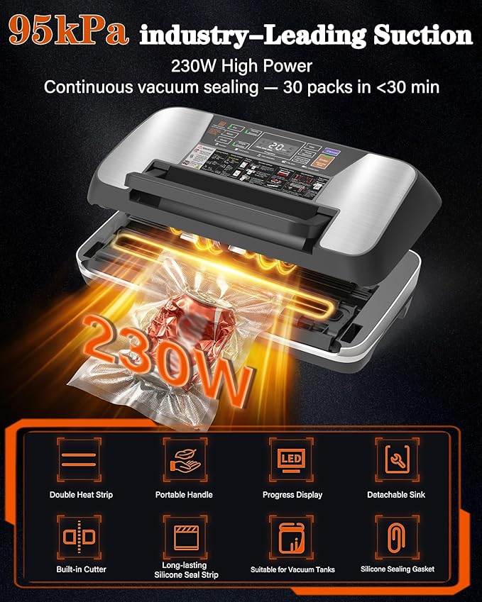 95kPa Food Vacuum Sealer Machine, Powerful 230W Vacuum Pack System with Double Heat Seal for Moist & Dry Food, 12-in-1 Automatic Sealer Includes Built-in Cutter, Hose for Jars & Wine, 1 Roll + 10 Bags