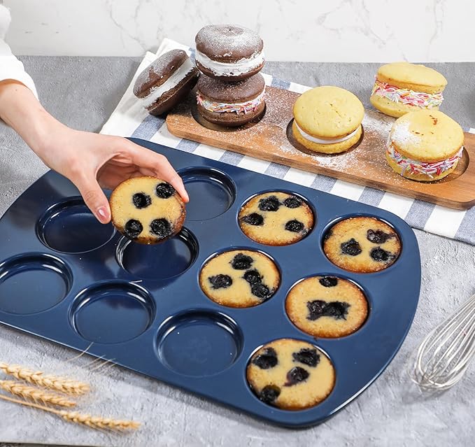 Webake Non-Stick Muffin Top Pan for Baking Egg Bites, Whoopie Pies, Cookies, Yorkshire Pudding, Heavy Gauge Carbon Steel Set of 2