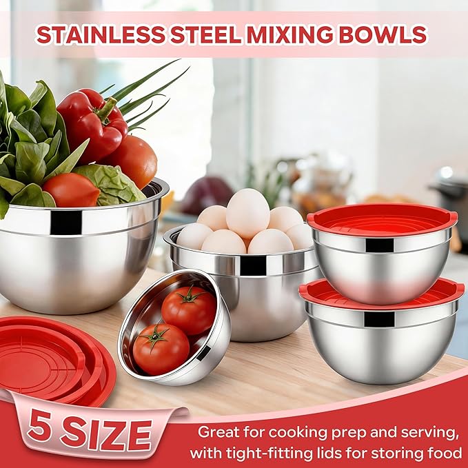 E-far Mixing Bowls With Lids Sets of 5, 10-Piece Stainless Steel Salad Metal Nesting Bowl for Baking Cooking and Prepping, Airtight Lid & Stackable Design, Size 4.6, 3, 2.1, 1.5, 0.7 QT, Red