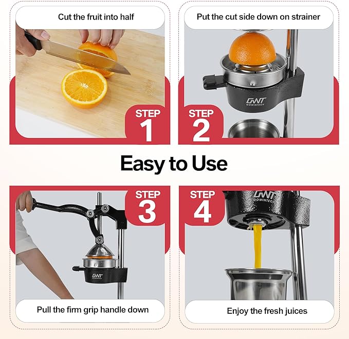 18 Inch Height Commercial Heavy Duty Cast Iron Hand Press Manual Orange Citrus Lemon Lime Grapefruit Pomegranate Fruit Juice Squeezer Machine with Stainless Steel Cup and Durable Base Black