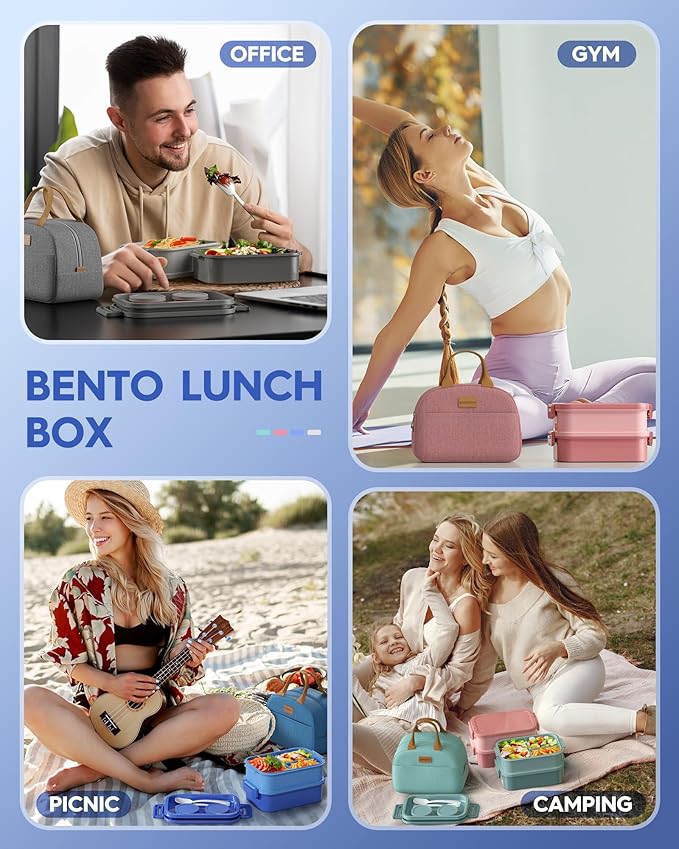 KEMETHY Adults Bento Lunch Box Set with Thermo Bag, 74oz Stackable Leak-proof 3-tiers Bento Box, Built-in Utensil and Sauce Container for Work, School, Dining Out (Blue)