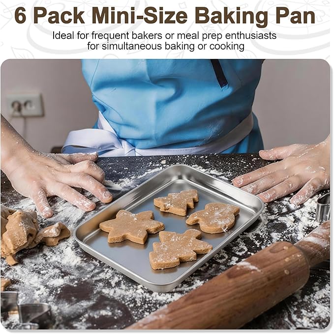 TeamFar Toaster Oven Tray, 6 Pack Stainless Steel Small Baking Sheet Pan Set, Metal Cookie Sheets for Baking/Broiling/Serving, Non-Toxic & Heavy Duty, Dishwasher Safe, 9.3” x 7” x 1”