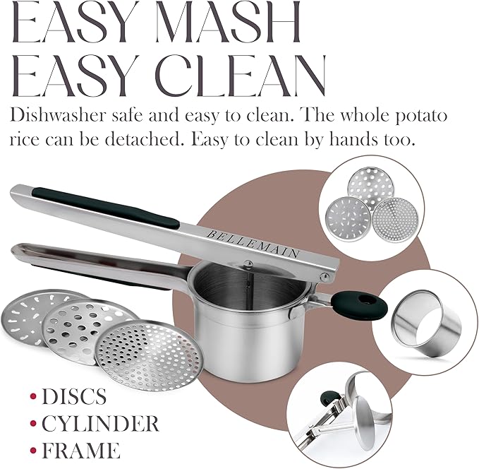 Bellemain 15 oz Large Potato Ricer | Heavy-Duty Stainless Steel Potato Ricer & Masher | Perfect for Mashed Potatoes | Kitchen Tool with 3 Interchangeable Discs (Black)