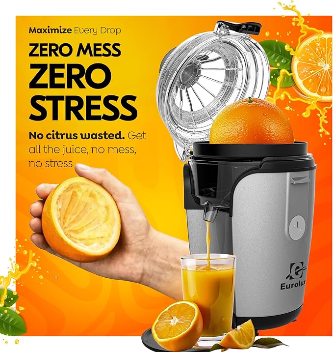 Eurolux Hands-Free Electric Citrus Juicer Machine, Orange Lime Grapefruit Lemon Squeezer, Easy to Clean.