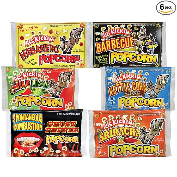 ASS KICKIN' Premium Microwave Popcorn – Variety Gift Pack (6) - Ultimate Spicy and Sweat Gourmet Gift - Try if you dare!