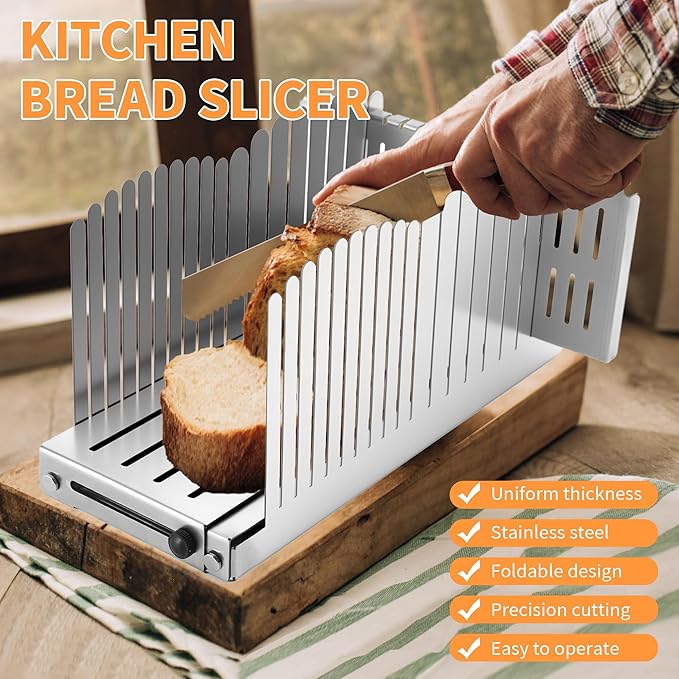 Stainless Steel Bread Slicer - Adjustable Foldable Durable Steel Space -Saving Cutting Guide Homemade Breads,Suitability for Homemade Breads, Bagel,Cakes - Kitchen Gadget, Baking Tool & Gift