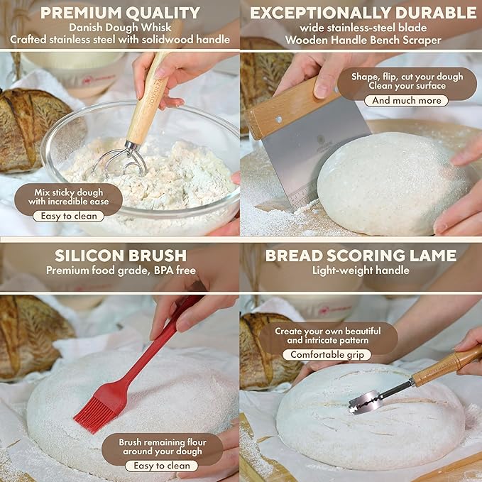 Banneton Bread Proofing Basket Set of 2 Sourdough Starter Kit with 9- Inch Round Baskets Fermentation Proofing Bowls Artisan Sourdough Bread Baking Supplies with Tools Liners and Linen Bag