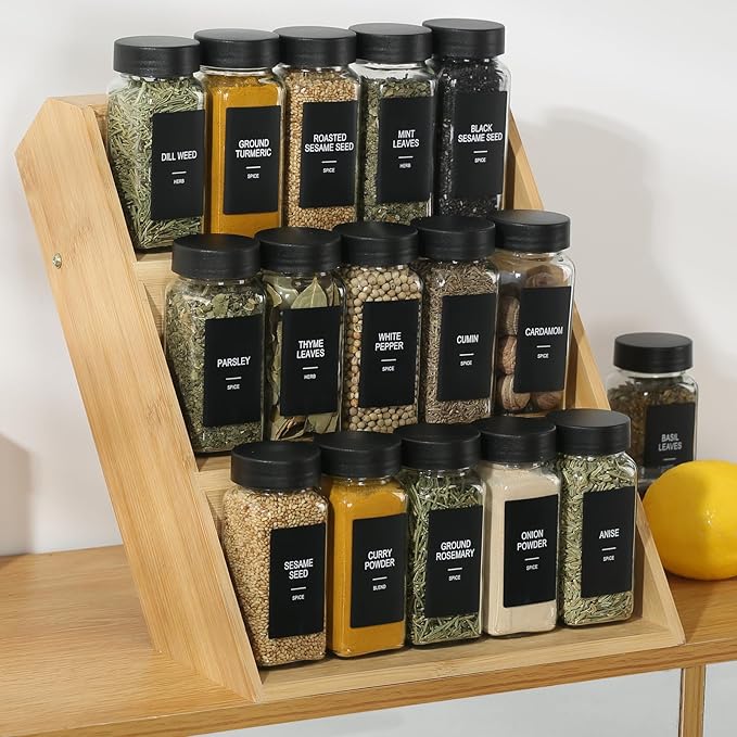 48 Glass Spice Jars with Labels, Spice Jar Set, 4oz Spice Containers, Seasoning Containers with Black Airtight Lids and Shaker Lids, Square Empty Spice Bottles, 492 Labels, 1 Funnel
