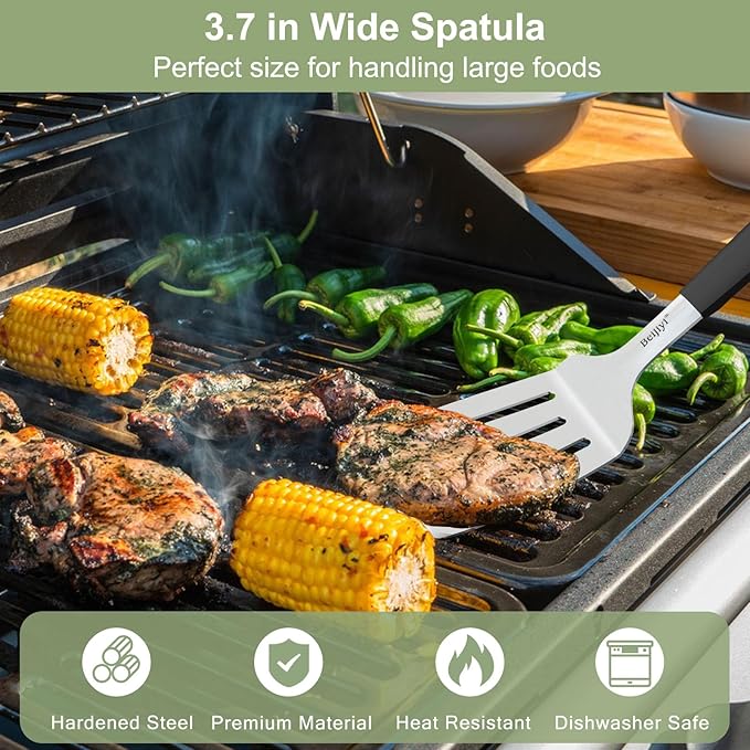 Beijiyi 2-Piece Stainless Steel Spatula Set, 13.3" & 11.3" Slotted Turner, Heavy Duty Metal Spatulas for Cast Iron Skillet and Grilling Cooking with Silicone Handle, Flipper for Steak, Burger and Eggs